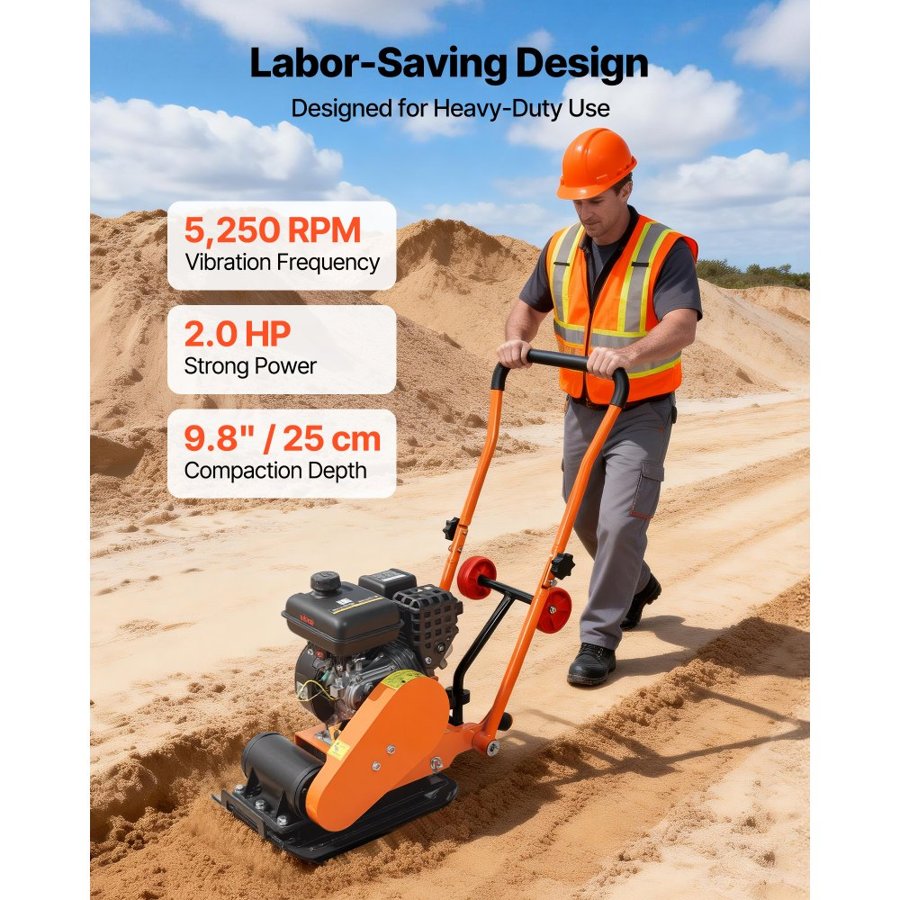 VEVOR Plate Compactor, 2 HP 79CC Gas Engine, 5250 VPM Vibrating Ground Rammer, 8 kN Compaction Force, 41 x 31.5 cm Plate, Walk Behind Compactor for Paver Landscaping, Asphalt, Foundation, Soil