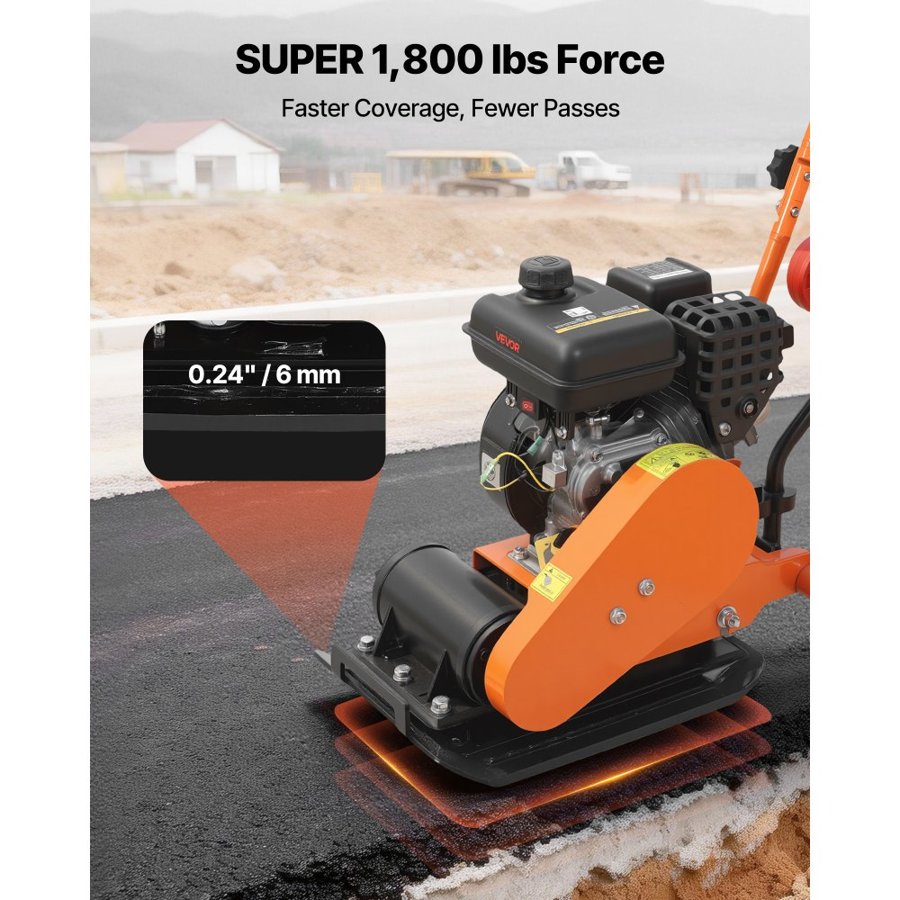 VEVOR Plate Compactor, 2 HP 79CC Gas Engine, 5250 VPM Vibrating Ground Rammer, 8 kN Compaction Force, 41 x 31.5 cm Plate, Walk Behind Compactor for Paver Landscaping, Asphalt, Foundation, Soil