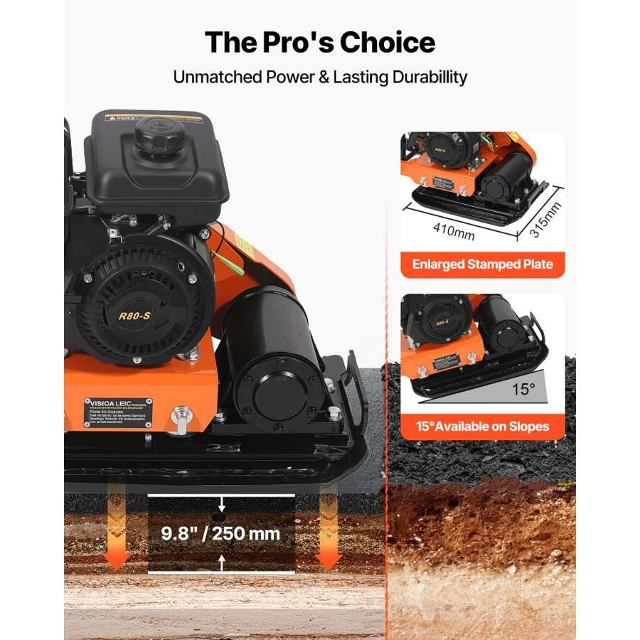 VEVOR Plate Compactor, 2 HP 79CC Gas Engine, 5250 VPM Vibrating Ground Rammer, 8 kN Compaction Force, 41 x 31.5 cm Plate, Walk Behind Compactor for Paver Landscaping, Asphalt, Foundation, Soil