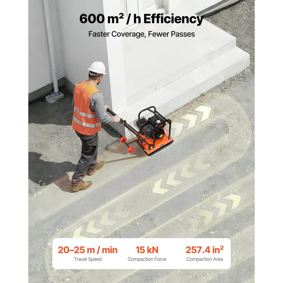 VEVOR Plate Compactor, 6.5 HP 212CC Gas Engine, 6400 VPM Vibrating Ground Rammer, 15 kN Compaction Force, 53 x 40 cm Plate, Walk Behind Compactor for Paver Landscaping, Asphalt, Foundation, Soil