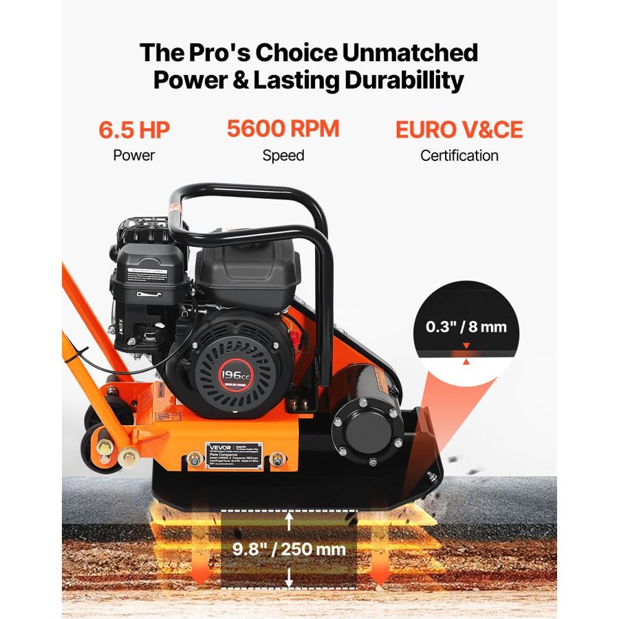 VEVOR Vibrating Plate Compactor – 6.5HP, 196CC, 5600VPM