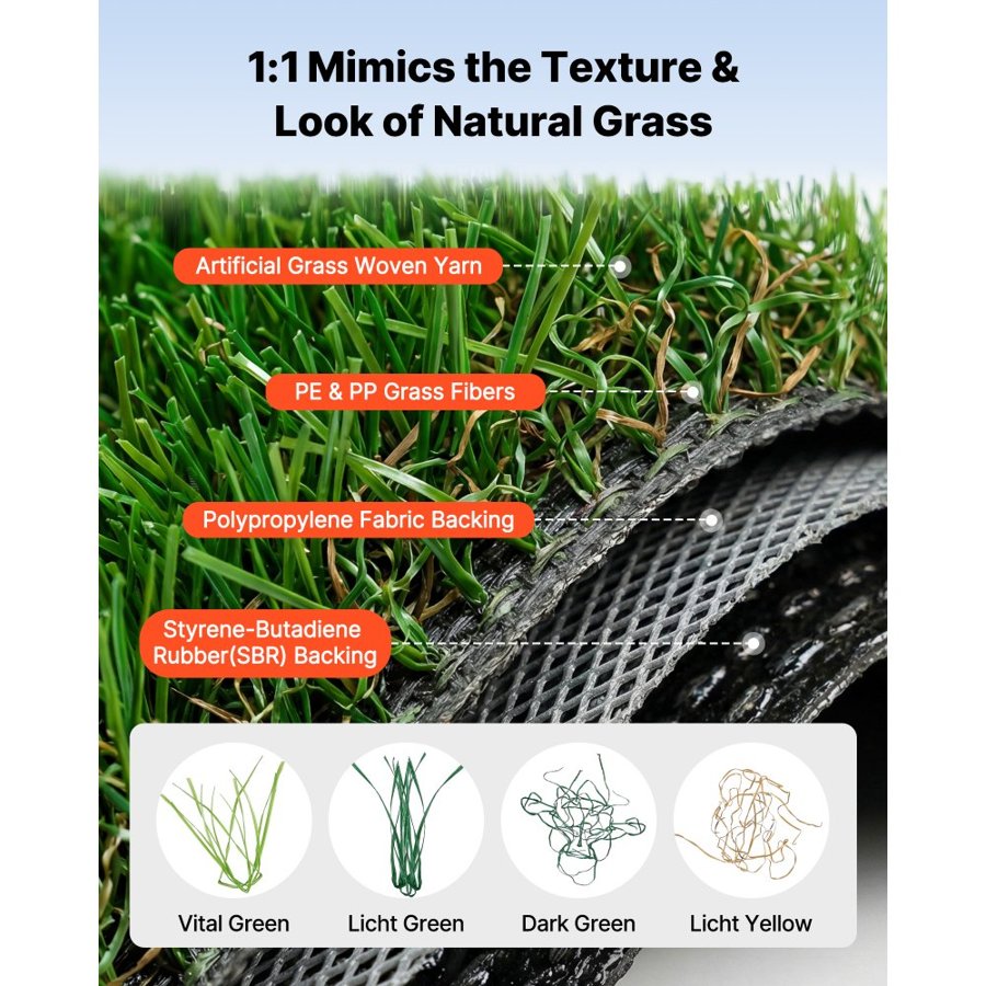 VEVOR Artificial Grass, 304.8 x 198.12 cm Fake Grass Turf Rug, 3.5 cm Pile Height Realistic Synthetic Lawn Carpet Roll Mat, Easy Clean Drainage Holes for Patio, Garden, Balcony, Outdoor Indoor Decor