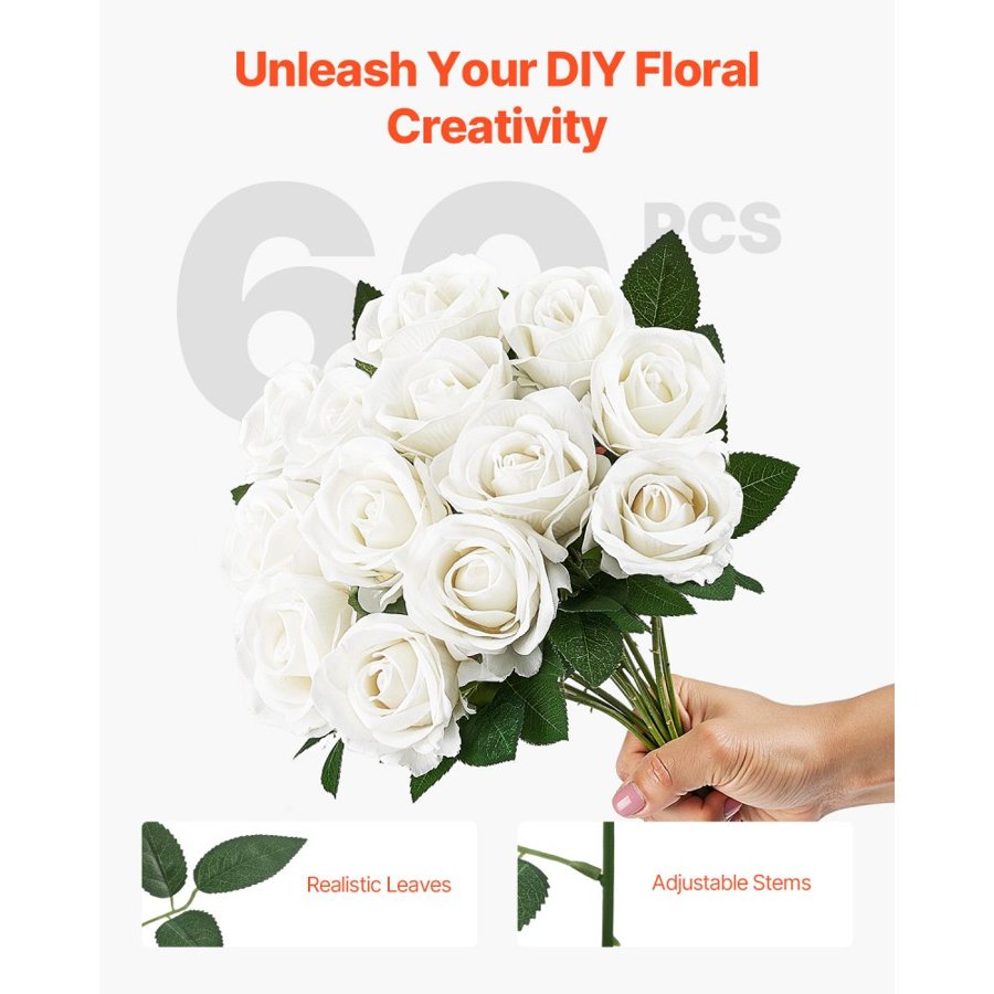 VEVOR Artificial White Roses Bulk – 60 Pcs, 20" Stems