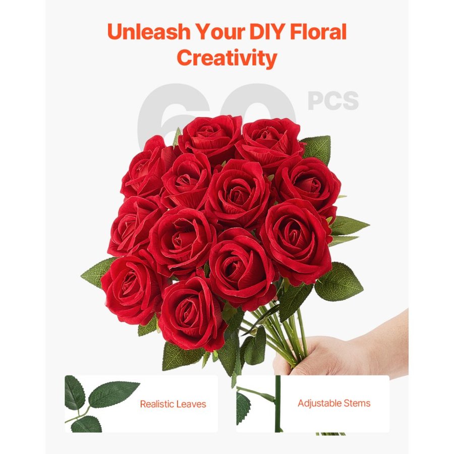 VEVOR Artificial Red Roses Bulk – 60 Pcs, 20 in Stems