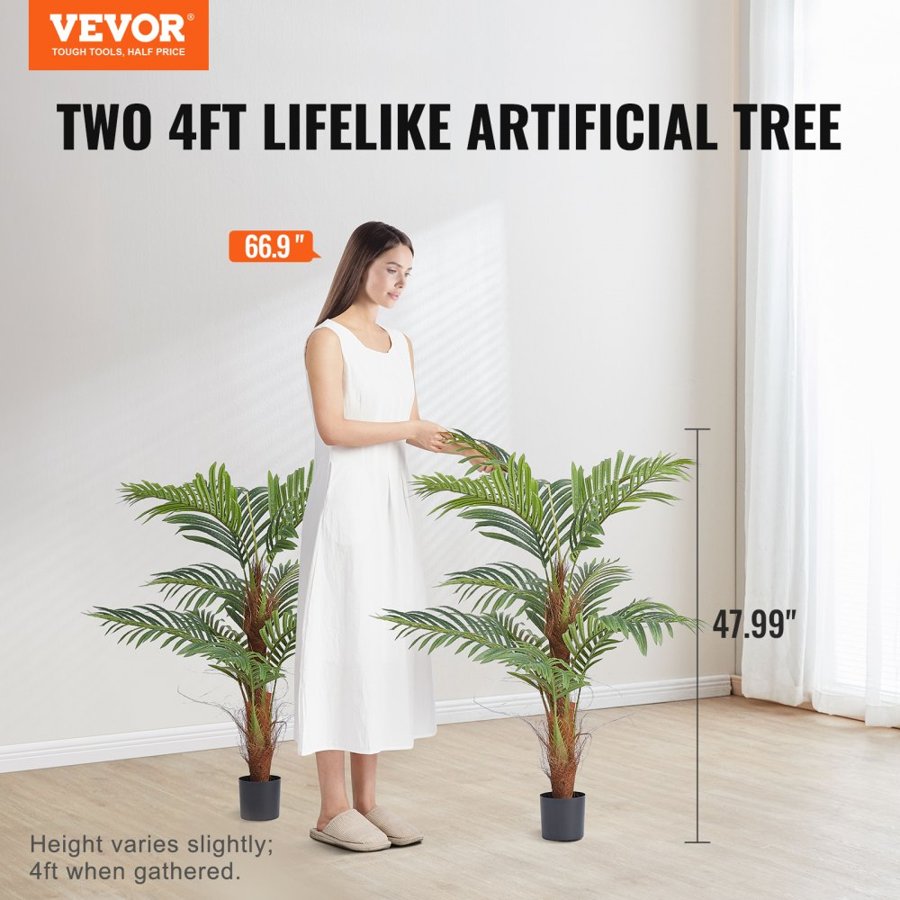 VEVOR Artificial Palm Tree, 4 FT Tall Faux Plant, Secure PE Material & Anti-Tip Tilt Protection Low-Maintenance Plant, Lifelike Green Fake Tree for Home Office Warehouse Decor Indoor Outdoor