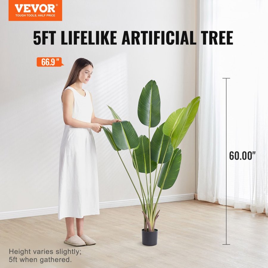 VEVOR Artificial Birds Of Paradise Tree, 1.5mTall Faux Plant, PE Material & Anti-Tip Tilt Protection Low-Maintenance Plant, Lifelike Green Fake Tree for Home Office Warehouse Decor Indoor Outdoor