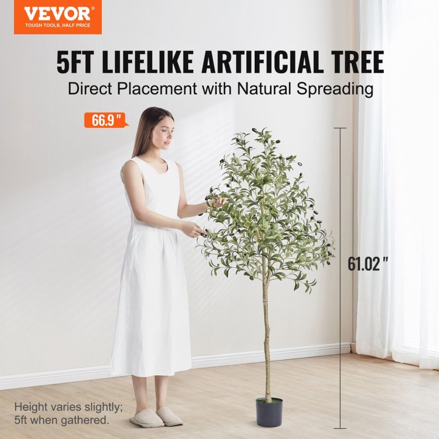 VEVOR Artificial Olive Tree, 1.5 m Tall Faux Plant, Secure PE Material & Anti-Tip Tilt Protection Low-Maintenance Plant, Lifelike Green Fake Potted Tree for Home Office Warehouse Decor Indoor Outdoor