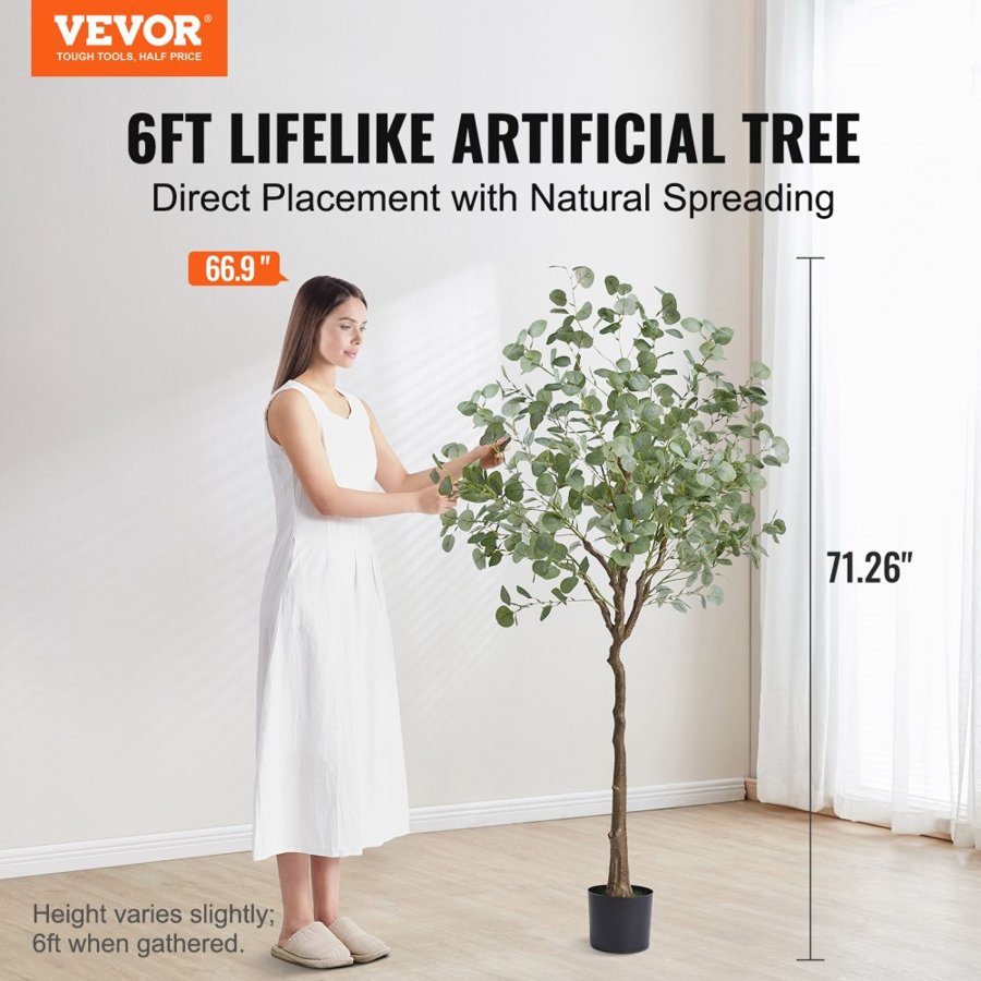 VEVOR Artificial Eucalyptus Tree, 1.8 m Tall Faux Plant, Secure PE Material & Anti-Tip Tilt Protection Low-Maintenance Plant, Lifelike Green Fake Potted Tree for Home Office Decor Indoor Outdoor