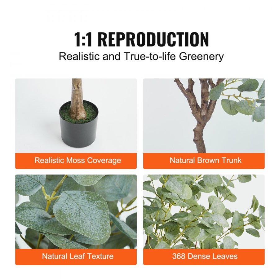 VEVOR Artificial Eucalyptus Tree, 1.8 m Tall Faux Plant, Secure PE Material & Anti-Tip Tilt Protection Low-Maintenance Plant, Lifelike Green Fake Potted Tree for Home Office Decor Indoor Outdoor