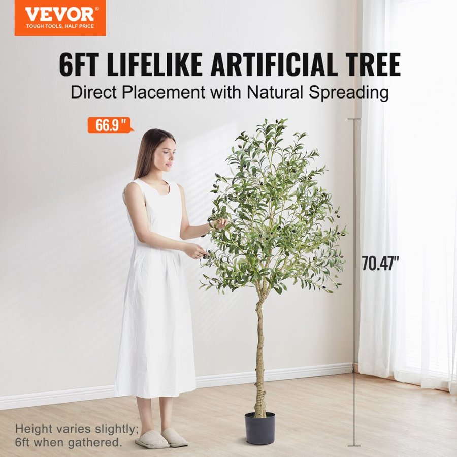 VEVOR Artificial Olive Tree, 1.8 m Tall Faux Plant, Secure PE Material & Anti-Tip Tilt Protection Low-Maintenance Plant, Lifelike Green Fake Potted Tree for Home Office Warehouse Decor Indoor Outdoor
