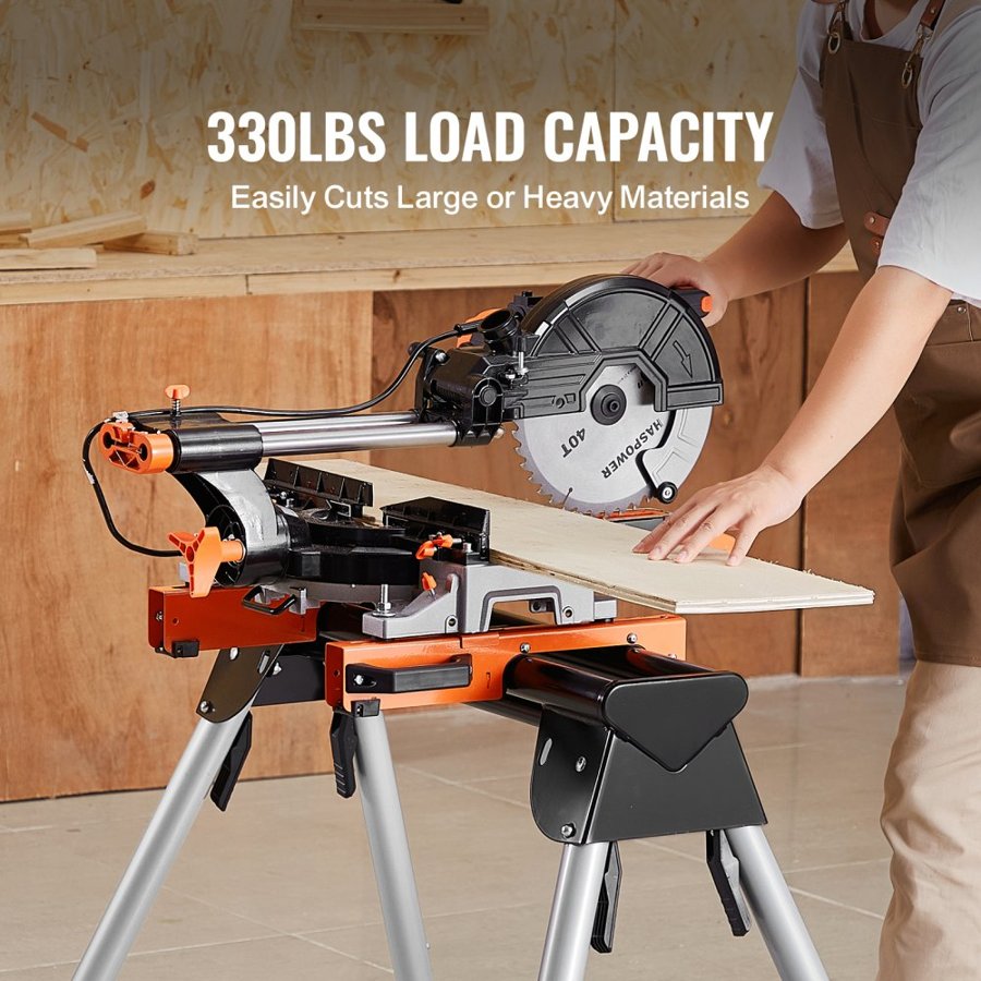 VEVOR Miter Saw Stand, 330lbs Load Capacity Steel Collapsible Stand for Miter Saw with One-piece Mounting Brackets Clamps, 29.1"-32.9" Adjustable Height, Portable Compact and Folding Miter Saw Stand