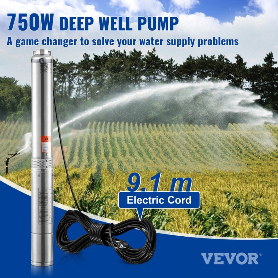 VEVOR 1 HP Submersible Deep Well Pump​ – 750W, 75m