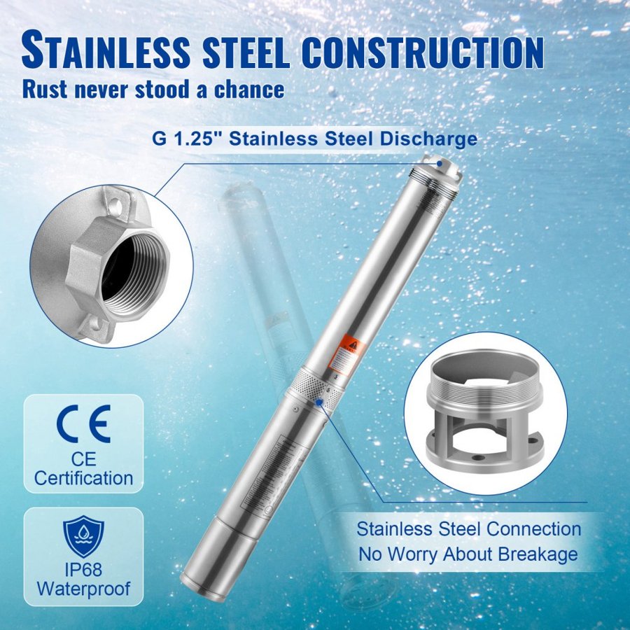 VEVOR 1 HP Submersible Deep Well Pump​ – 750W, 75m