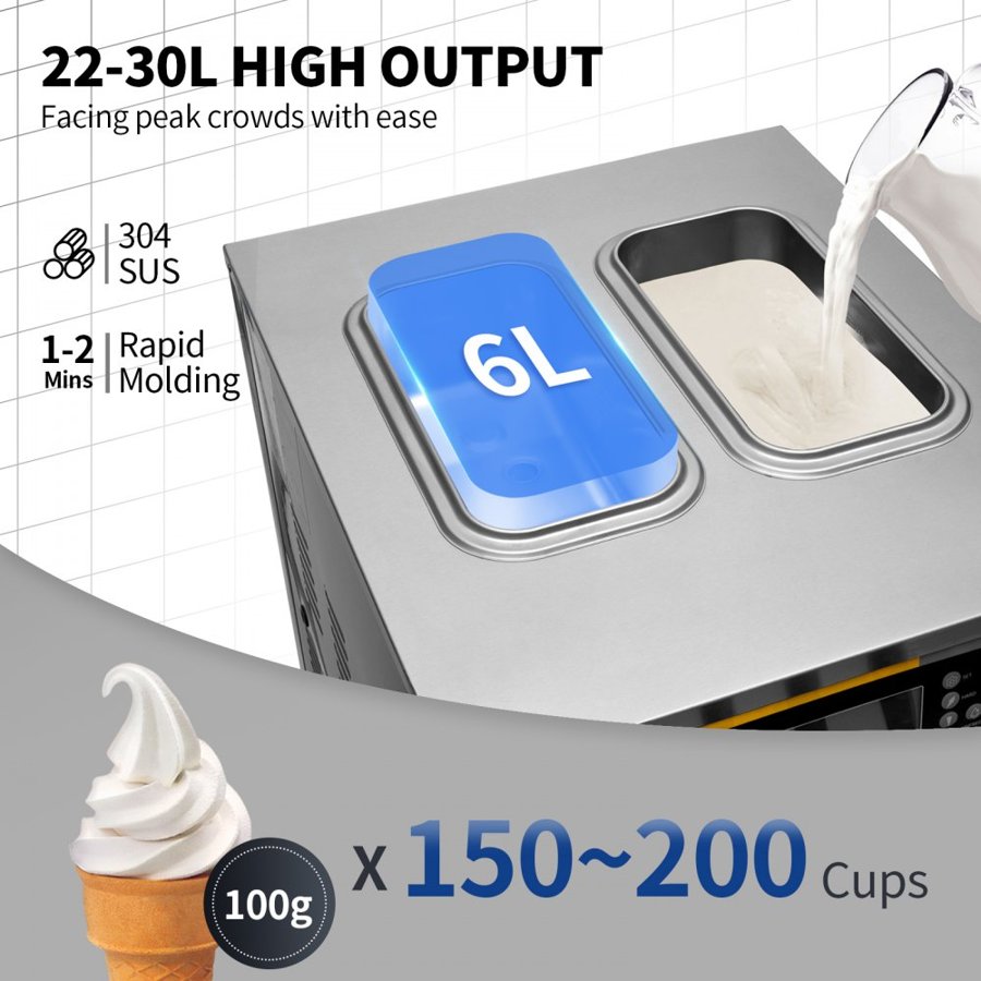 VEVOR Commercial Ice Cream Maker, 22-30L/H Yield, Countertop Soft Serve Machine with 2x6L Hopper 2L Cylinder LCD Panel Puffing Shortage Alarm, Frozen Yogurt Maker for Restaurant Snack Bar, Silve