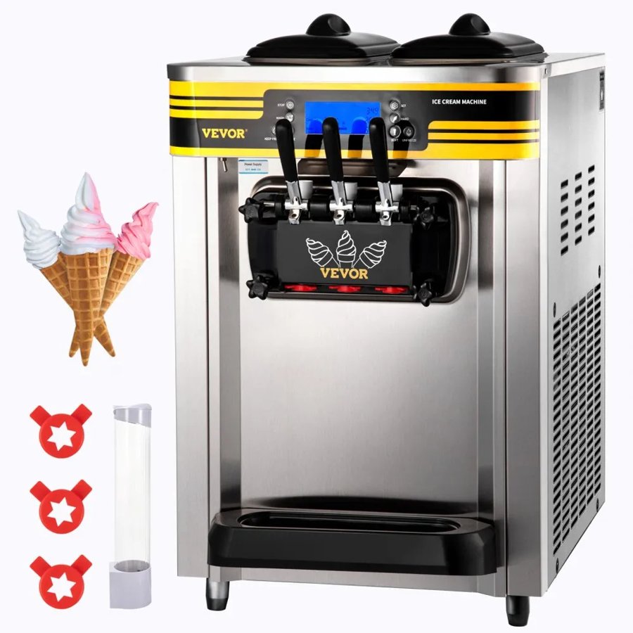 VEVOR Commercial Ice Cream Maker, 22-30L/H Yield, Countertop Soft Serve Machine with 2x6L Hopper 2L Cylinder LCD Panel Puffing Shortage Alarm, Frozen Yogurt Maker for Restaurant Snack Bar, Silve