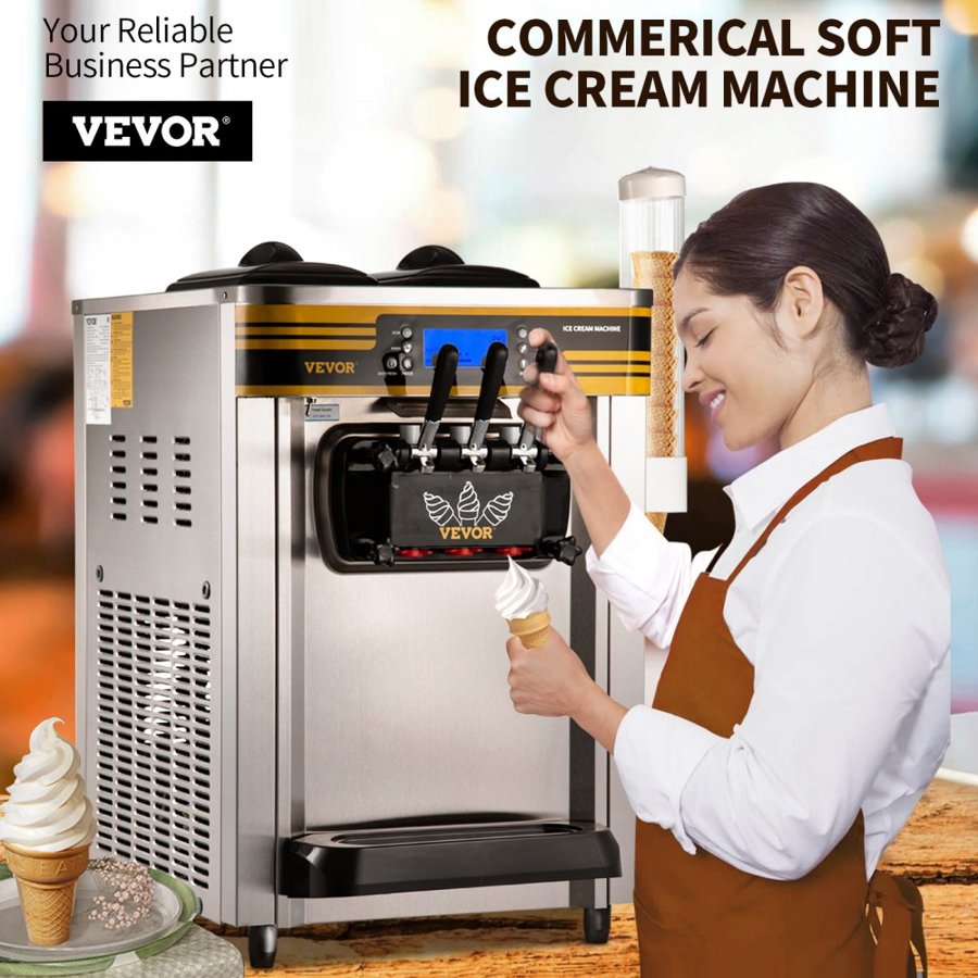 VEVOR Commercial Ice Cream Maker, 22-30L/H Yield, Countertop Soft Serve Machine with 2x6L Hopper 2L Cylinder LCD Panel Puffing Shortage Alarm, Frozen Yogurt Maker for Restaurant Snack Bar, Silve
