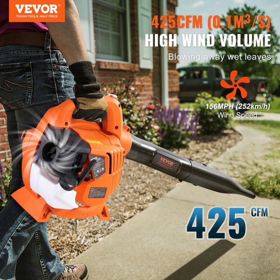 VEVOR Gas Leaf Blower, 26CC 2-Cycle Handheld Leaf Blower with A Fuel Tank, 2-in-1Gas-powered Blower 425CFM Air Volume 156MPH Speed, Ideal for Lawn Care, Leaf Cleaning, and Snow Removal