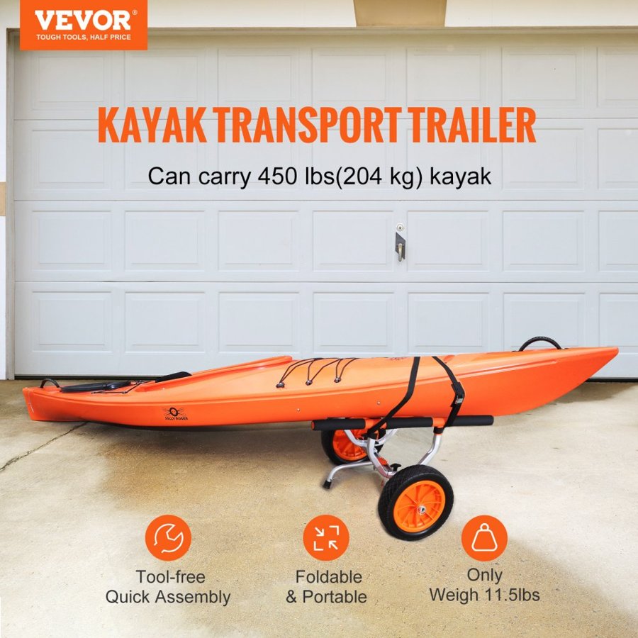 VEVOR Heavy Duty Kayak Cart, 204.1 kg Load Capacity, Detachable Canoe Trolley Cart with 30.5 cm Solid Tires, Adjustable Width & Nonslip Support Foot, for Kayaks Canoes Paddleboards Float Mats Jon Boats