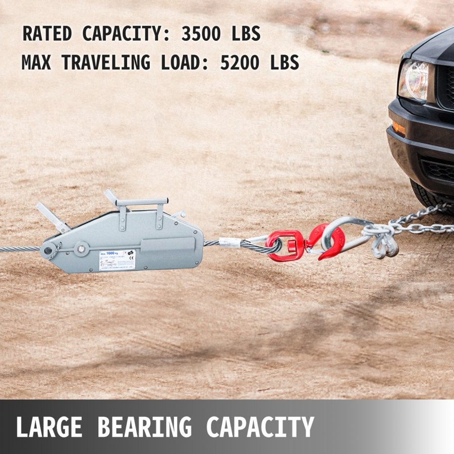 VEVOR Wire Rope Puller 1.6T/1587.6 kg Capacity Hand Winch Rope 2011.7 cm Grip Puller Manual Wire Rope Puller Heavy Duty Wire Rope Grip Puller Hoist Pulling Towing Equipment for Indoor and Outdoor Use