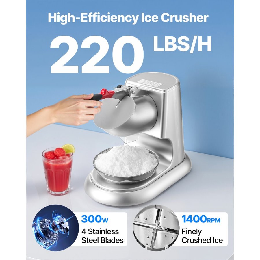 VEVOR Ice Crusher Machine, 100kg Per Hour Electric 4 Blades Snow Cone Maker, Stainless Steel Shaved Ice Machine with Bowl and Cover, 300W 2000RPM Ice-Shaver for Home and Commercial Use, Silver