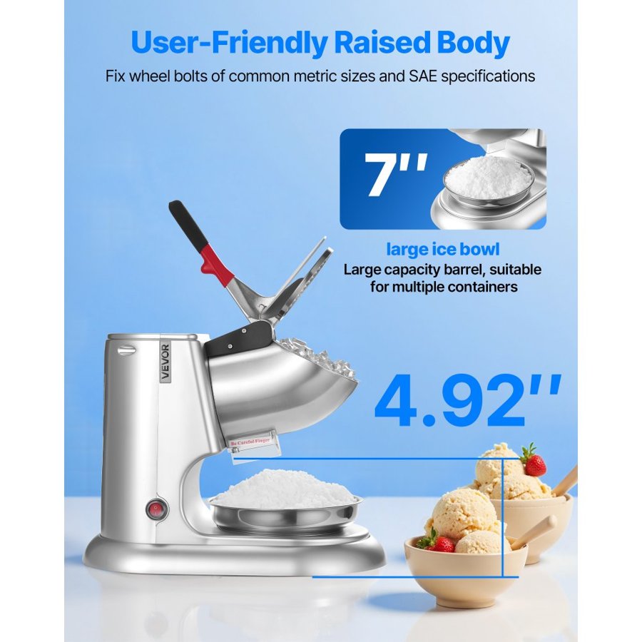 VEVOR Ice Crusher Machine, 100kg Per Hour Electric 4 Blades Snow Cone Maker, Stainless Steel Shaved Ice Machine with Bowl and Cover, 300W 2000RPM Ice-Shaver for Home and Commercial Use, Silver