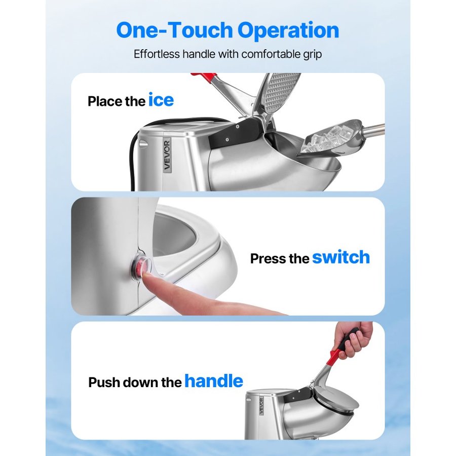 VEVOR Ice Crusher Machine, 100kg Per Hour Electric 4 Blades Snow Cone Maker, Stainless Steel Shaved Ice Machine with Bowl and Cover, 300W 2000RPM Ice-Shaver for Home and Commercial Use, Silver