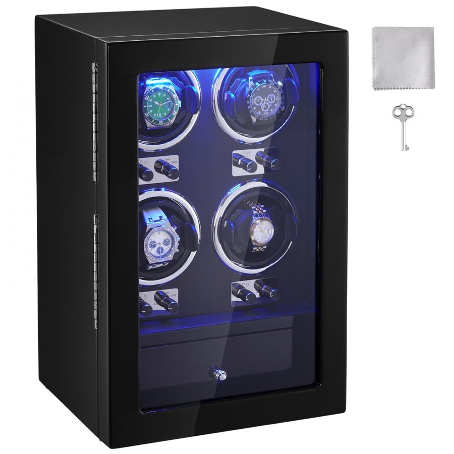 VEVOR Watch Winder, Watch Winder for 4 Men's and Women's Automatic Watches, with 4 Super Quiet Japanese Mabuchi Motors, Blue LED Light and Adapter, High-Density Board Shell and Black PU
