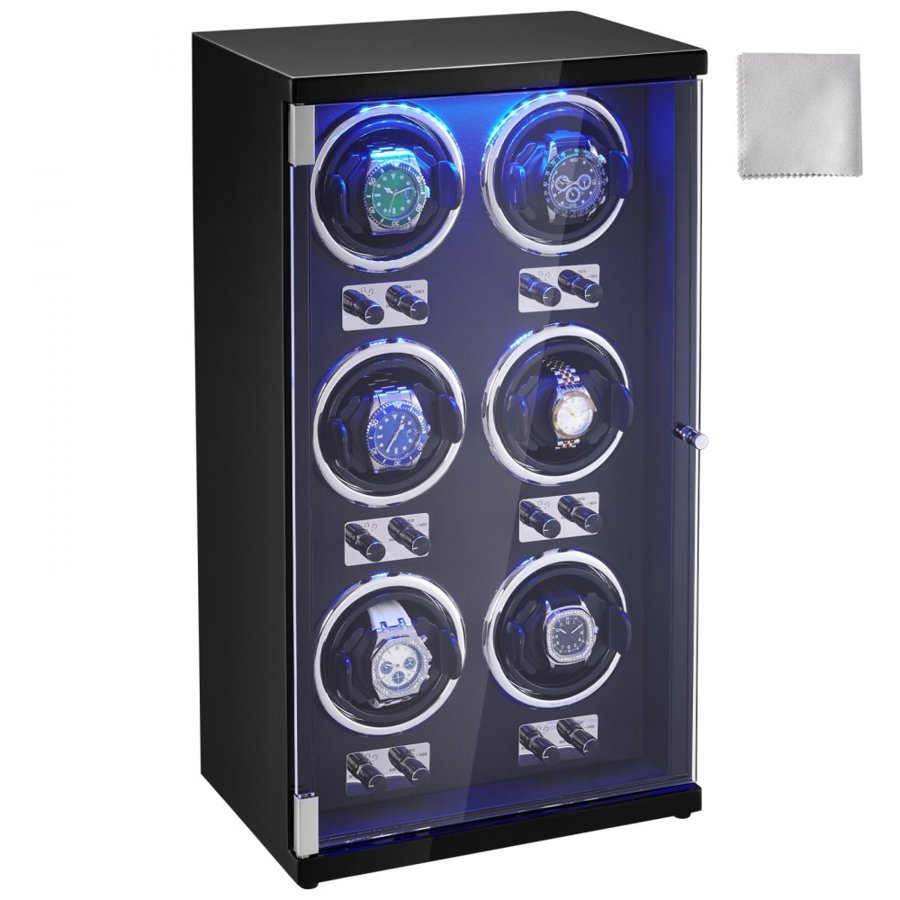 VEVOR Watch Winder, Watch Winder for 6 Men's and Women's Automatic Watches, with 6 Super Quiet Japanese Mabuchi Motors, Blue LED Light and Adapter, High-Density Board Shell and Black PU