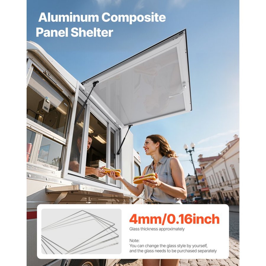 VEVOR Concession Window 92x92 cm, Aluminum Alloy Service Window for Food Truck, Up to 85 Degrees Stand Serving Window with 4 Sliding Windows, Awning Door, and Drag Hook, for Concession Trailers