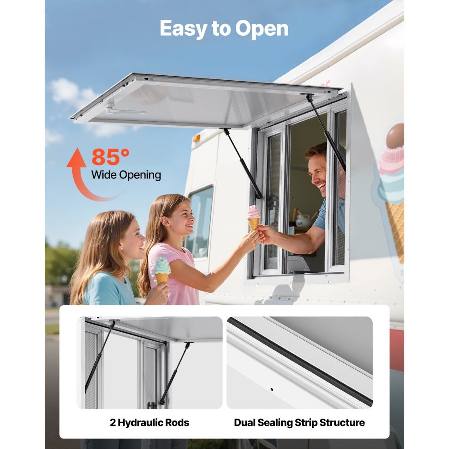 VEVOR Concession Window 92x92 cm, Aluminum Alloy Service Window for Food Truck, Up to 85 Degrees Stand Serving Window with 4 Sliding Windows, Awning Door, and Drag Hook, for Concession Trailers