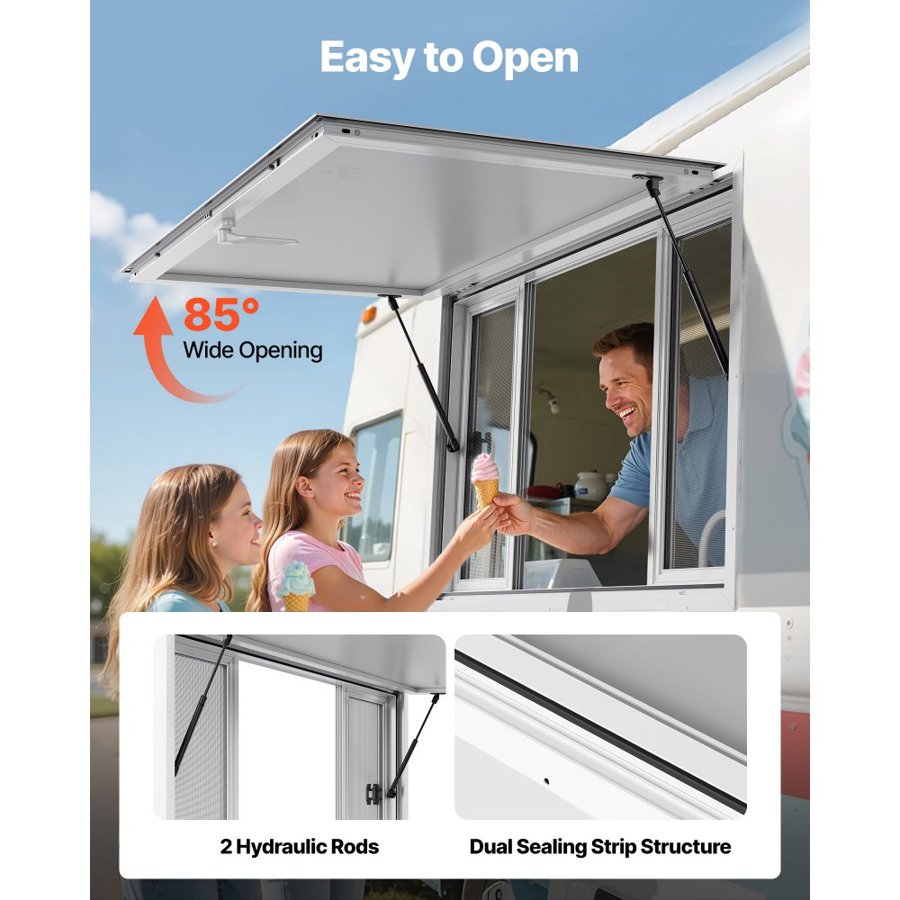 VEVOR Concession Window 135x84 cm, Aluminum Alloy Service Window for Food Truck, Up to 85 Degrees Stand Serving Window with 4 Sliding Windows, Awning Door, and Drag Hook, for Concession Trailers