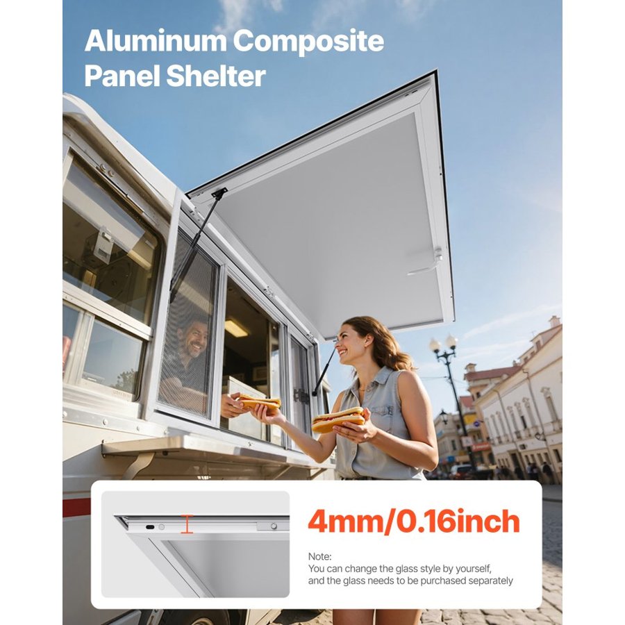 VEVOR Concession Window 152x92 cm, Aluminum Alloy Service Window for Food Truck, Up to 85 Degrees Stand Serving Window with 4 Sliding Windows, Awning Door, and Drag Hook, for Concession Trailers