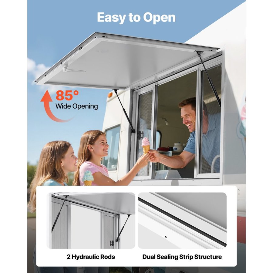 VEVOR Concession Window 152x92 cm, Aluminum Alloy Service Window for Food Truck, Up to 85 Degrees Stand Serving Window with 4 Sliding Windows, Awning Door, and Drag Hook, for Concession Trailers
