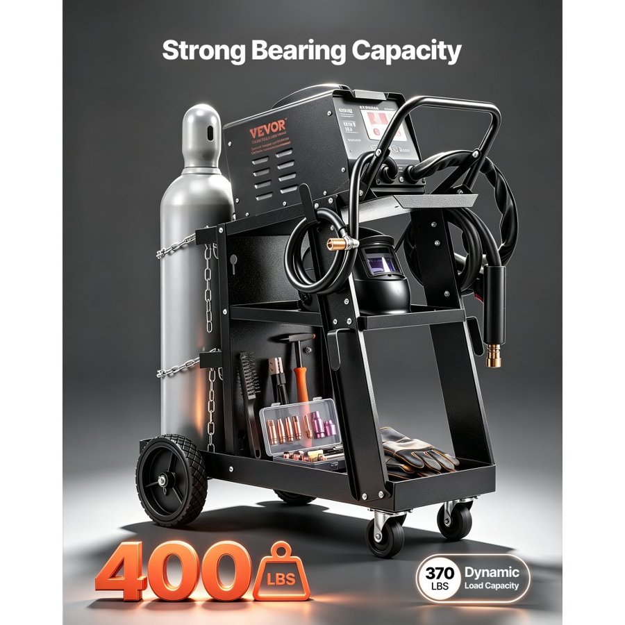 VEVOR Welding Cart, 3-Tier Heavy Duty Welder Cart with 181.4kg Weight Capacity, 360° Swivel Wheels, Tank Storage Safety Chains, Rolling MIG Welder Cart for TIG, ARC, MMA, Plasma Cutter Welding Machine