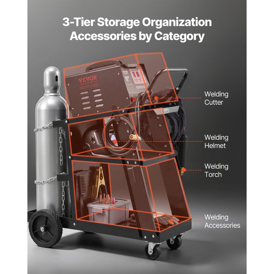 VEVOR Welding Cart, 3-Tier Heavy Duty Welder Cart with 181.4kg Weight Capacity, 360° Swivel Wheels, Tank Storage Safety Chains, Rolling MIG Welder Cart for TIG, ARC, MMA, Plasma Cutter Welding Machine