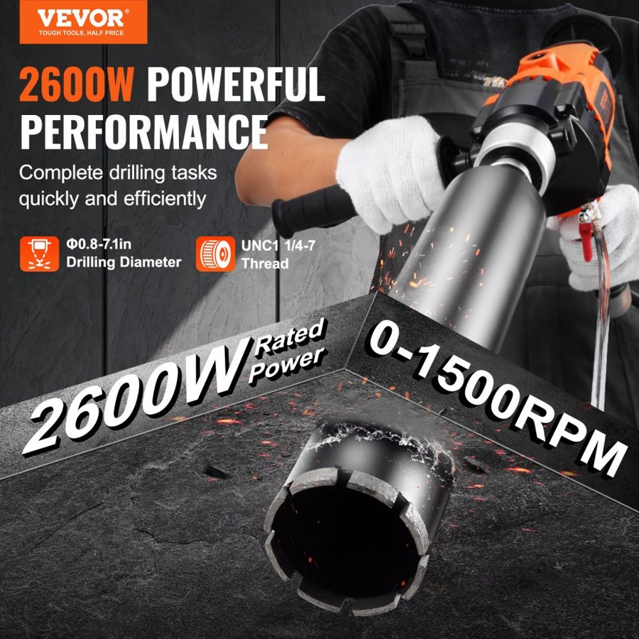 VEVOR Handheld Core Drill Machine – 2600W, Φ20–180 mm, Mix
