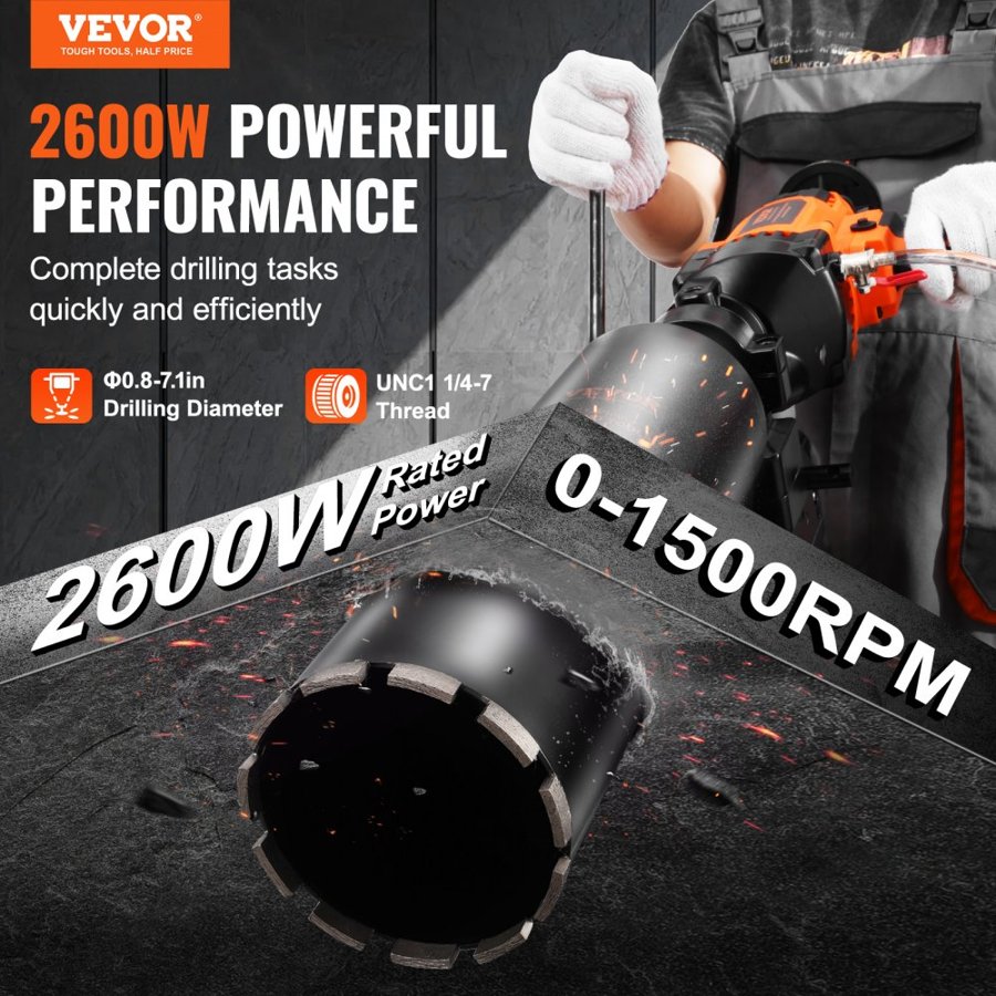 VEVOR Diamond Core Drill with Stand – 2600W, Φ20–180 mm