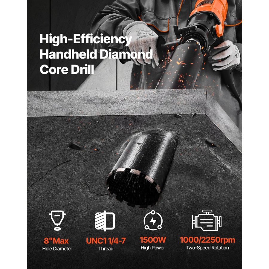 VEVOR Hand Held Core Drill – 1500W, 2-Speed, 8 in, 4 Bits