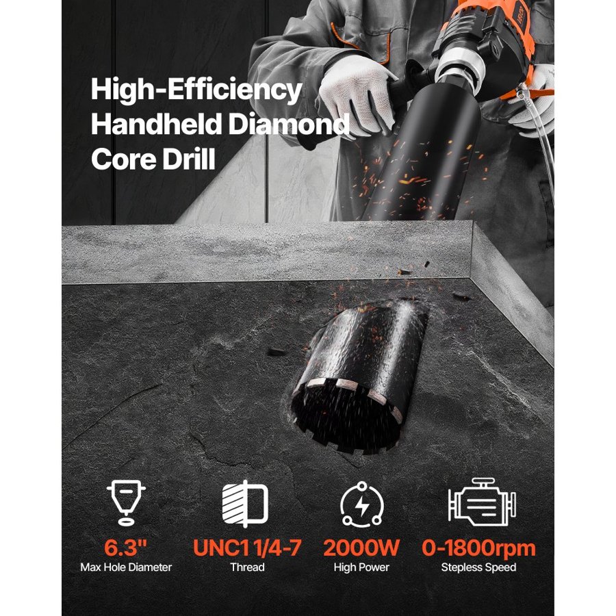 VEVOR Handheld Concrete Core Drill – 2000W, 0-1800RPM, 4 Bit