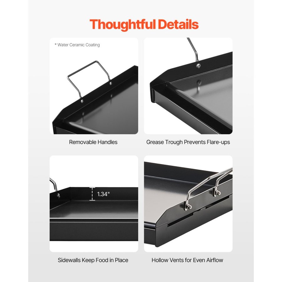 VEVOR Carbon Steel Flat Top Griddle – 24×16 In PTFE Coated