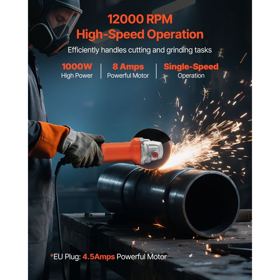 VEVOR Angle Grinder, 114.3mm Electric Grinder Power Tool, 4.5Amps 12000RPM High-Speed Corded Angle Grinders with Adjustable Dust Guard for Metal Grinding, Cutting, Rust Removal (Disc Not Included)