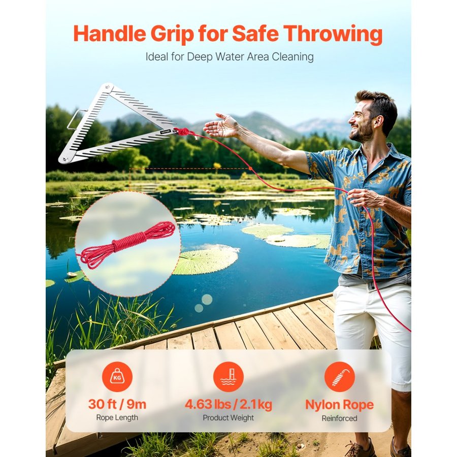 VEVOR 24in Aquatic Weed Rake, 3-Sided Lake Weed Rake with Handle, Portable and Foldable Pond Water Grass Razor, Stainless Steel Throwable Floating Pond Weeds Cutter with 30 ft Rope, for Lakes Ponds