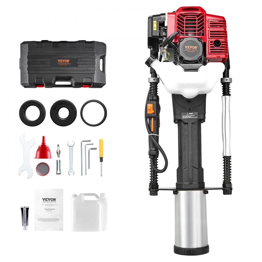 VEVOR 52cc Gas-Powered T Post Driver, 2-Stroke Engine Gasoline Fence Piling Pounder, 1400W Portable Piledriver with 3 Post Driving Head(49/69/100 mm) , For Farm, Ranch Fencing, Road Improvements