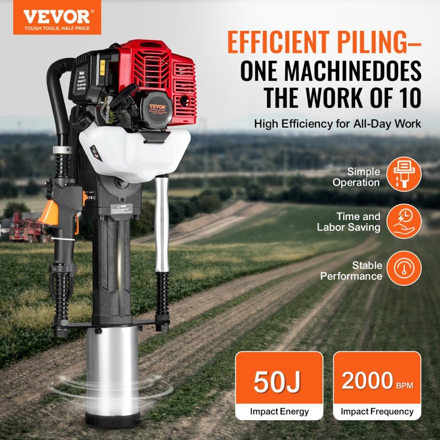 VEVOR 52cc Gas-Powered T Post Driver, 2-Stroke Engine Gasoline Fence Piling Pounder, 1400W Portable Piledriver with 3 Post Driving Head(49/69/100 mm) , For Farm, Ranch Fencing, Road Improvements