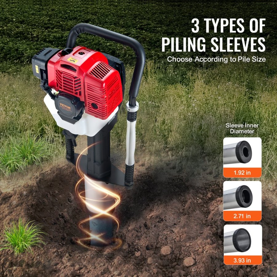 VEVOR 52cc Gas-Powered T Post Driver, 2-Stroke Engine Gasoline Fence Piling Pounder, 1400W Portable Piledriver with 3 Post Driving Head(49/69/100 mm) , For Farm, Ranch Fencing, Road Improvements