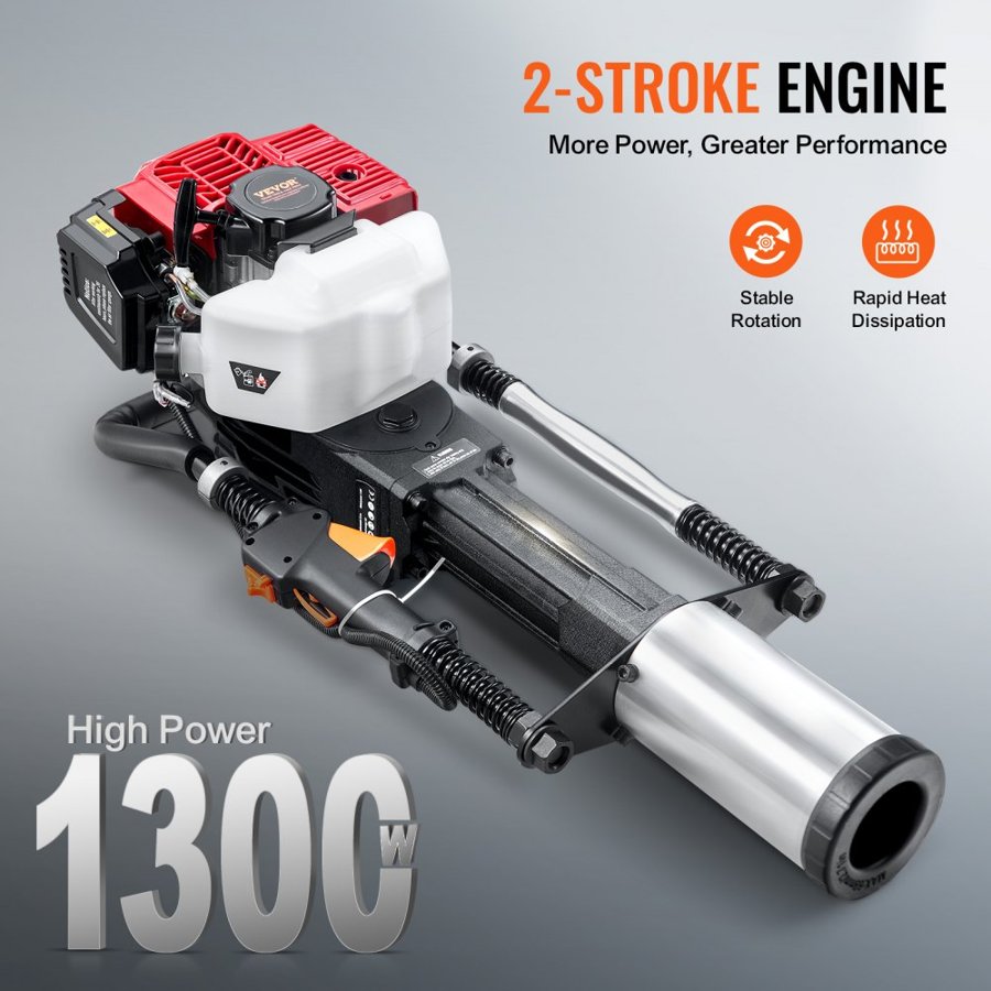 VEVOR 52cc Gas-Powered T Post Driver, 2-Stroke Engine Gasoline Fence Piling Pounder, 1400W Portable Piledriver with 3 Post Driving Head(49/69/100 mm) , For Farm, Ranch Fencing, Road Improvements