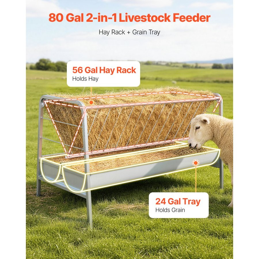 VEVOR Livestock Hay Feeder, 2 in 1 Grain & Hay Feeder, 300L Capacity, 147 cm Long Goat Pasture Feeding with Deeper Feeding Pan, Heavy Duty Steel Grain Holder for Sheep Sheds, Farms, Horse Barns, Yards