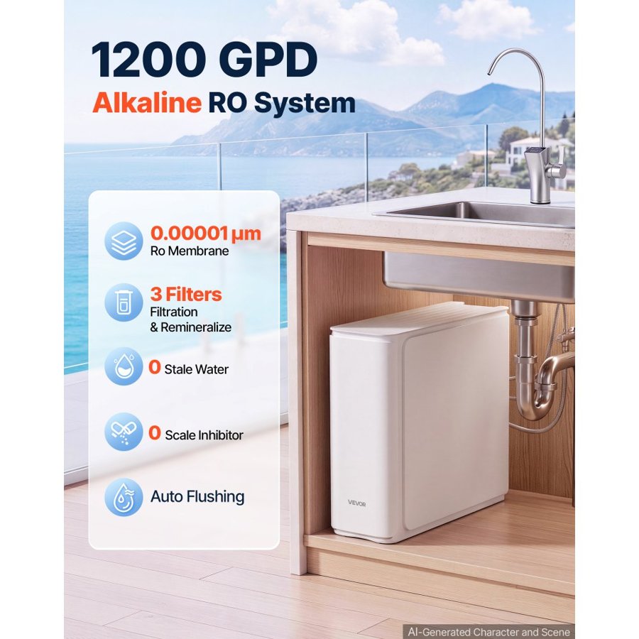 VEVOR Reverse Osmosis System 1200 GPD 8-Stage Tankless Water Filter Device, Under Sink Water Filtration, 2:1 Pure-to-Drain Ratio, Smart Faucet, Reduces TDS, Chlorine, Bad Taste and Odor,  CE Certified