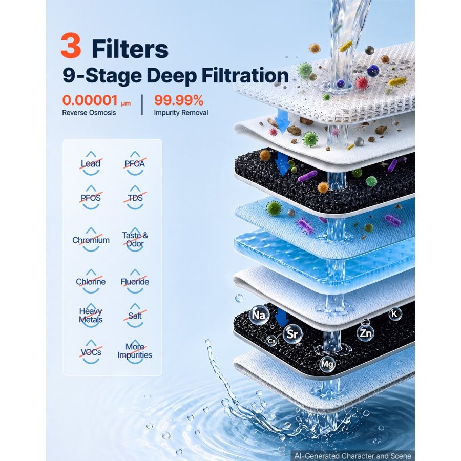 VEVOR Reverse Osmosis System 1200 GPD 8-Stage Tankless Water Filter Device, Under Sink Water Filtration, 2:1 Pure-to-Drain Ratio, Smart Faucet, Reduces TDS, Chlorine, Bad Taste and Odor,  CE Certified