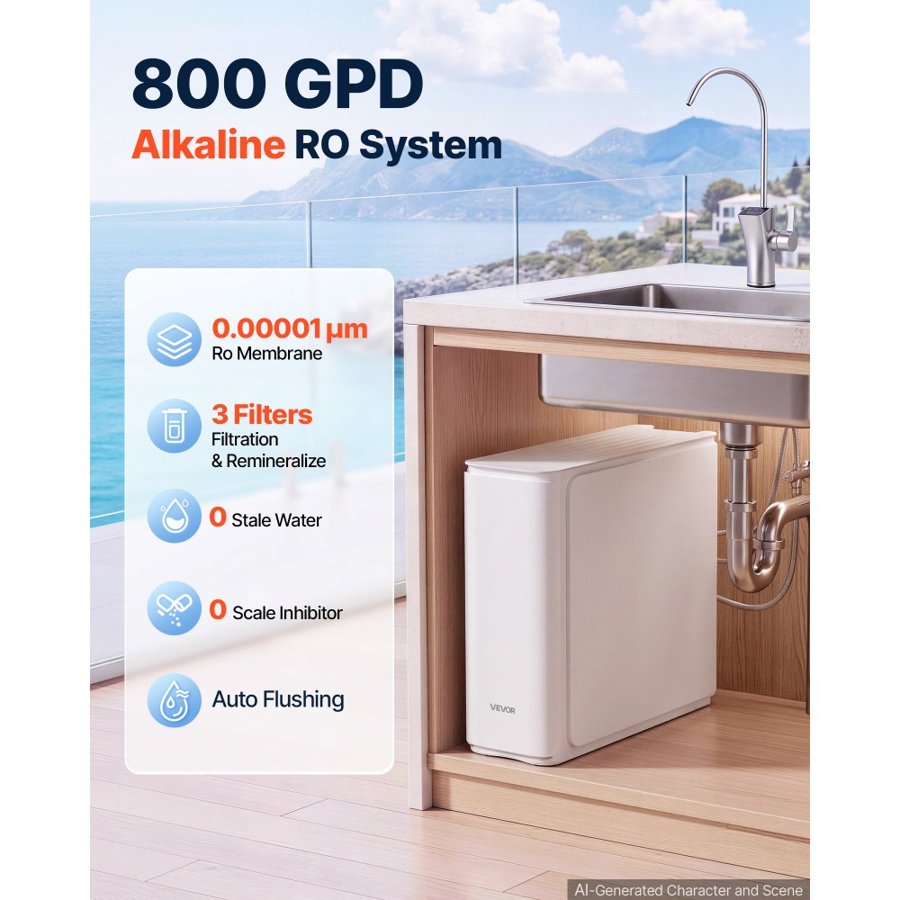 VEVOR Reverse Osmosis System 800 GPD 8-Stage Tankless Water Filter Device, Under Sink Water Filtration, 2:1 Pure-to-Drain Ratio, Smart Faucet, Reduces TDS, Chlorine, Bad Taste and Odor,  CE Certified